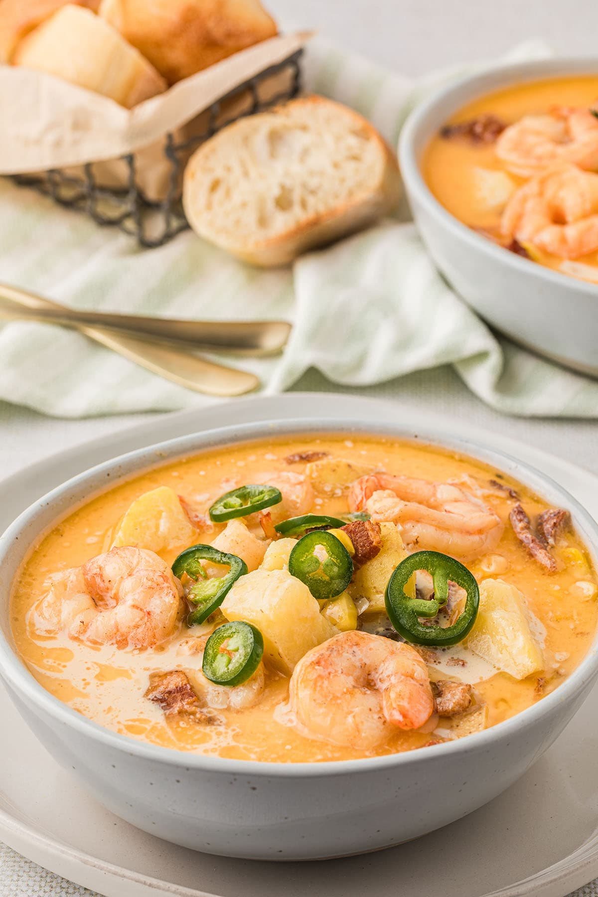 bowl of shrimp corn chowder with jalapenos