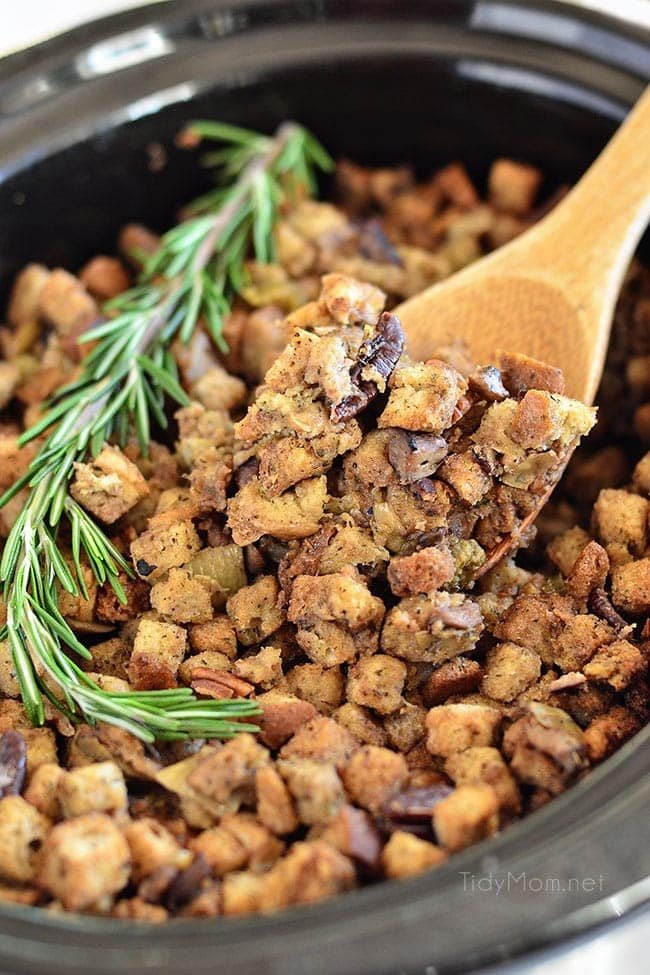Slow Cooker Stuffing with artichokes, mushrooms and toasted pecans. Easy, flavorful and perfect for any holiday meal. Get the recipe at cetcu.com