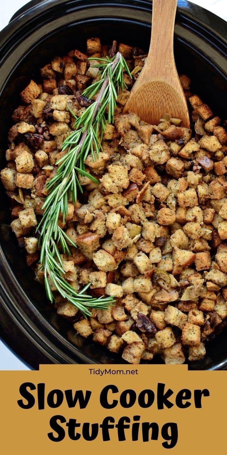 stuffing in a slow cooker and on a plate