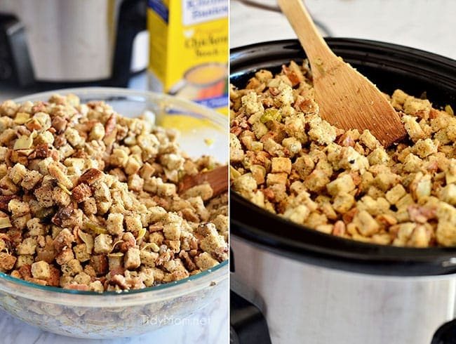 Slow Cooker Stuffing with artichokes, mushrooms and toasted pecans. Easy, flavorful and perfect for any holiday meal. Get the recipe at cetcu.com