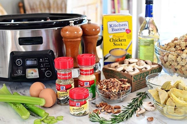 Slow Cooker Stuffing with artichokes, mushrooms and toasted pecans. Easy, flavorful and perfect for any holiday meal. Get the recipe at cetcu.com