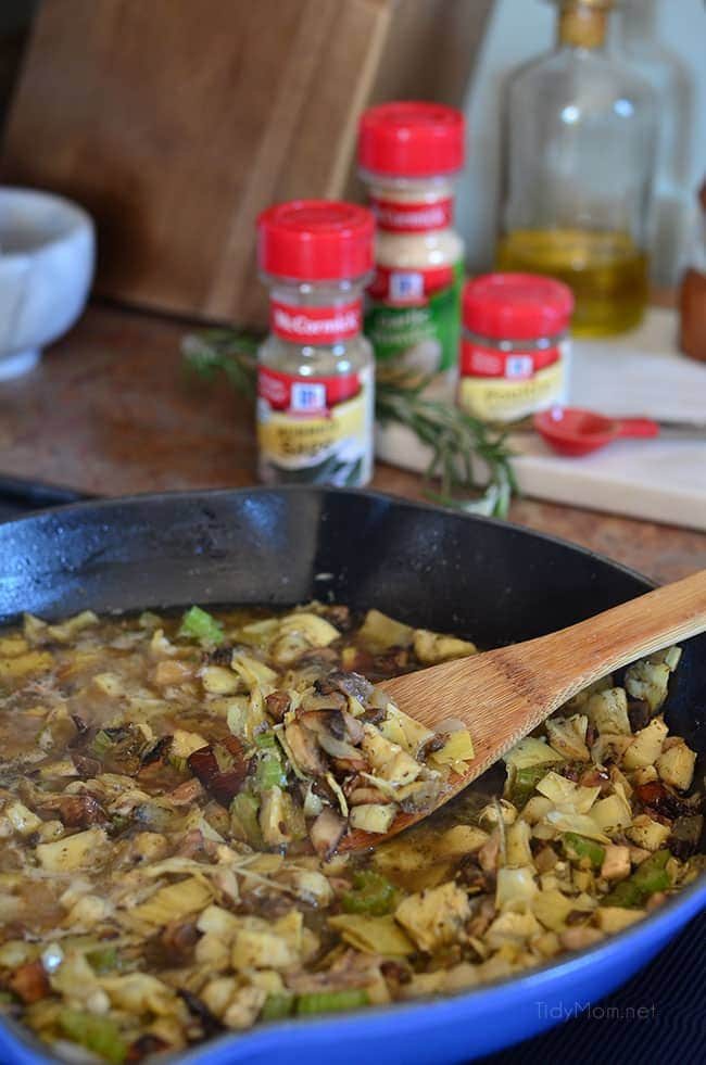 Slow Cooker Stuffing with artichokes, mushrooms and toasted pecans. Easy, flavorful and perfect for any holiday meal. Get the recipe at cetcu.com