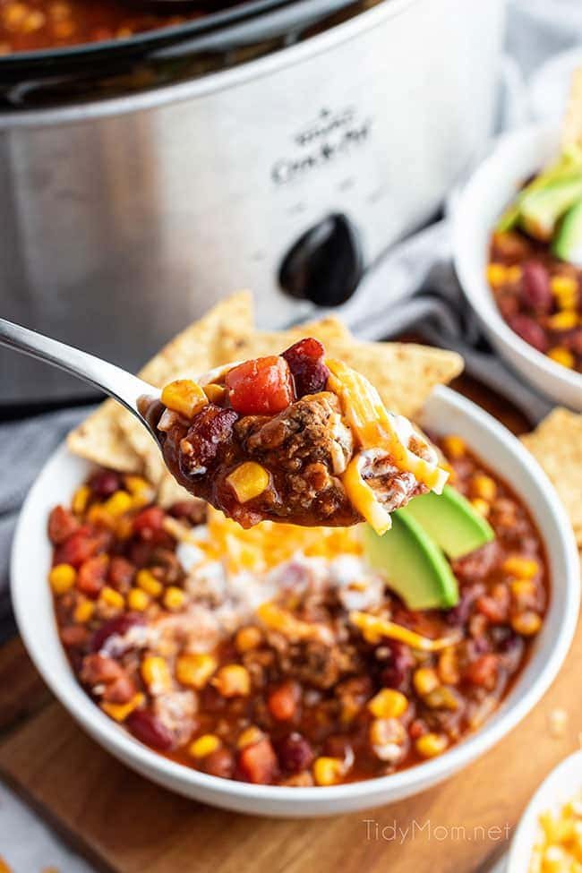 a spoonful of taco soup in a bowl