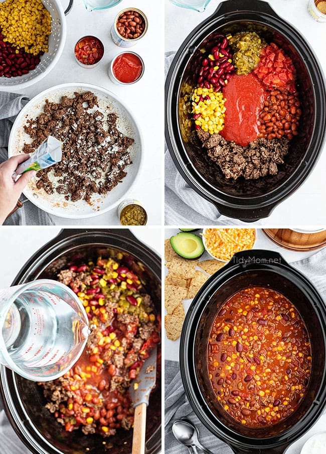 photo collage of steps to make taco soup in a slow cooker