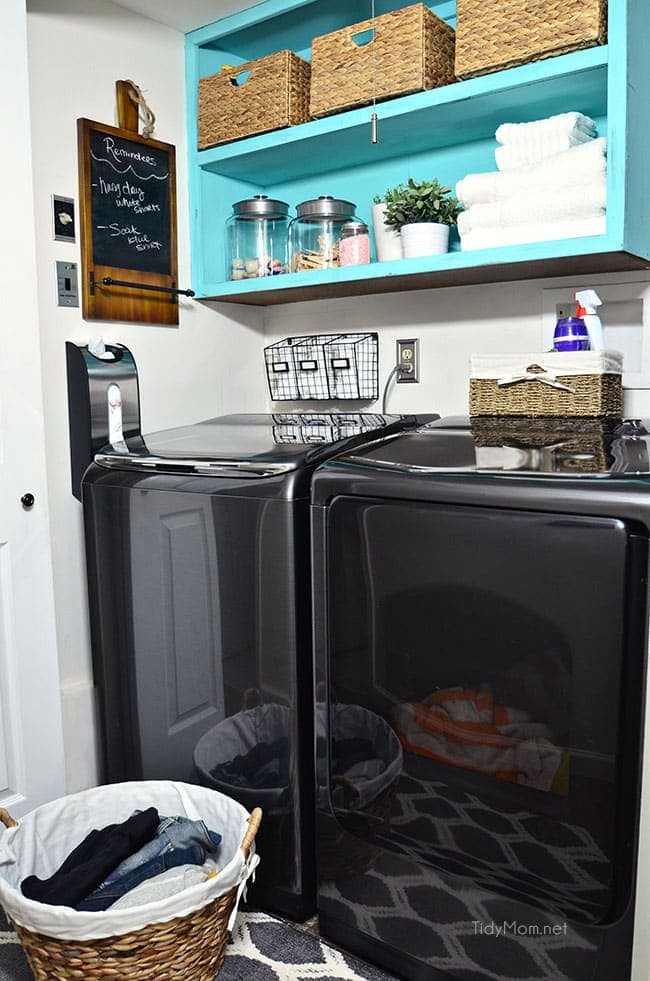 Drab to fab small space laundry makeover! a little fresh paint, organization accessories and Samsung activewash Washer and Dryer give this small laundry closet a fun facelift! A real laundry room with practical ideas at cetcu.com