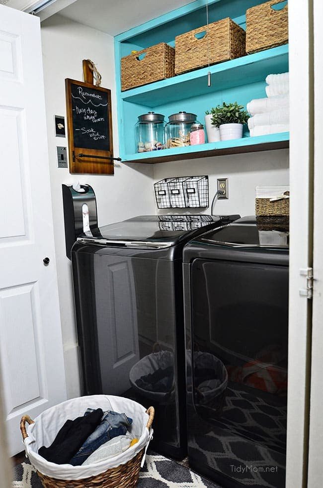 Drab to fab small space laundry makeover! a little fresh paint, organization accessories and Samsung activewash Washer and Dryer give this small laundry closet a fun facelift! A real laundry room with practical ideas at cetcu.com