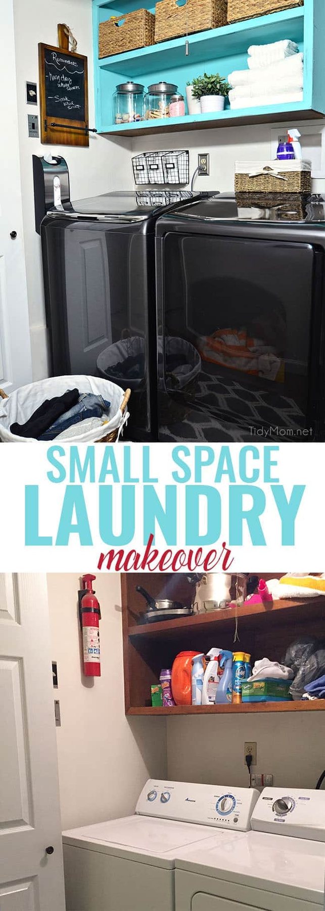 From drap to fab small space laundry makeover! a little fresh paint, organization accessories and Samsung activewash Washer and Dryer give this small laundry closet a fun facelift! A real laundry room with practical ideas at cetcu.com