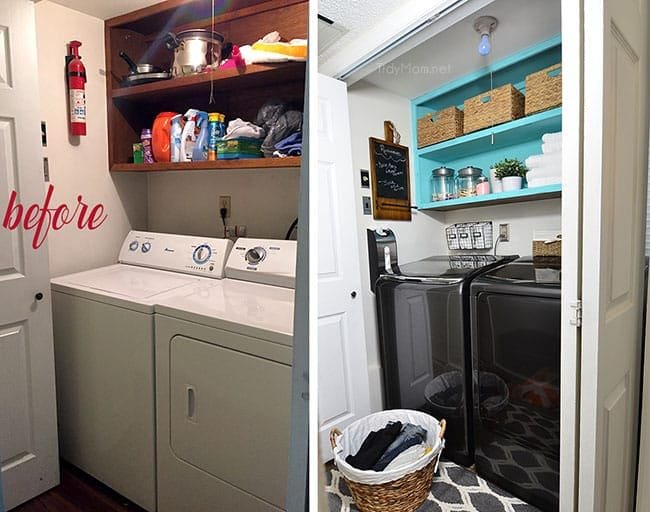 From drap to fab small space laundry makeover! a little fresh paint, organization accessories and Samsung activewash Washer and Dryer give this small laundry closet a fun facelift! A real laundry room with practical ideas at cetcu.com