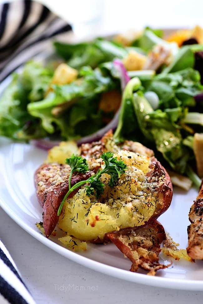 smashed potatoes on a dinner plate