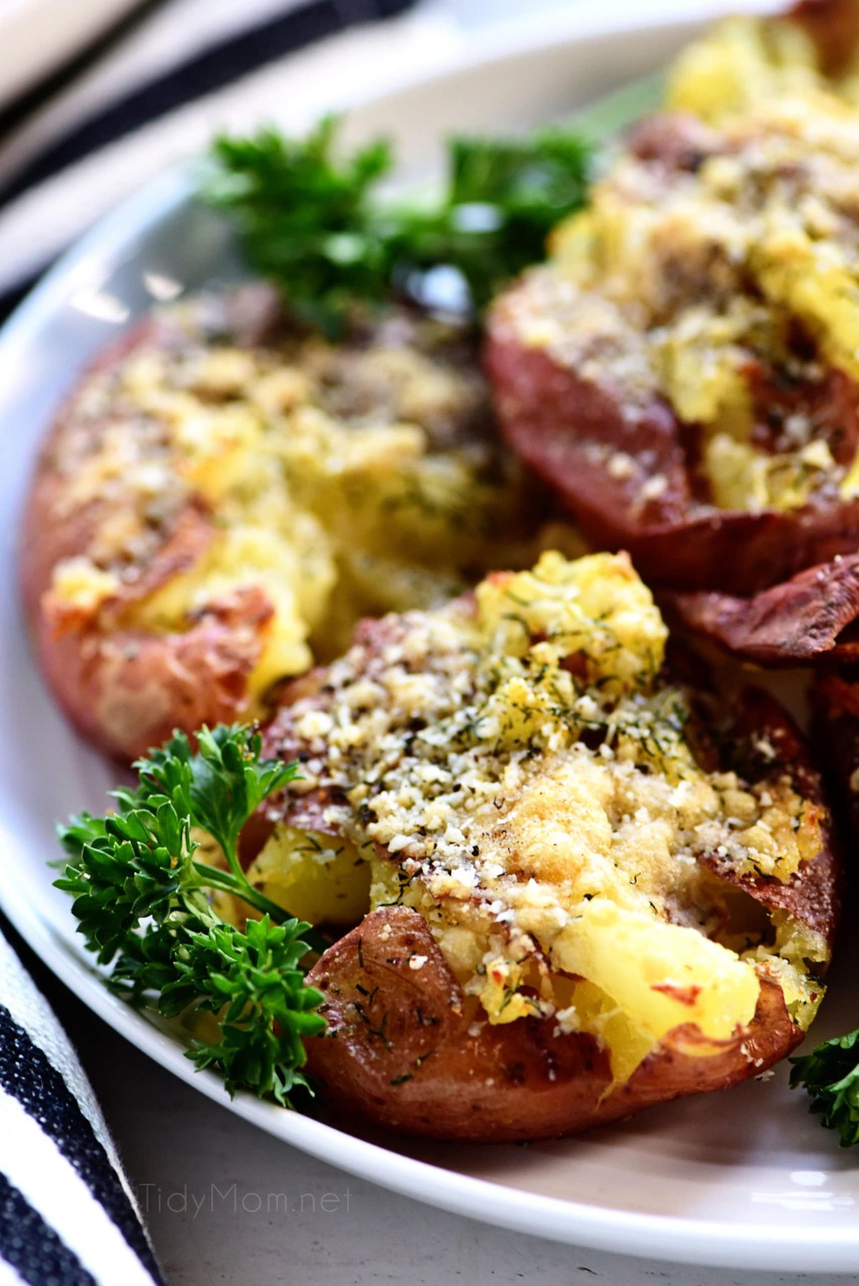 smashed potatoes with parsley garnish on a white plate