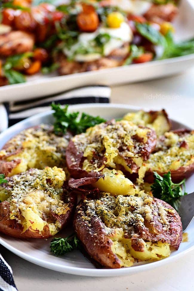 smashed potatoes on a plate