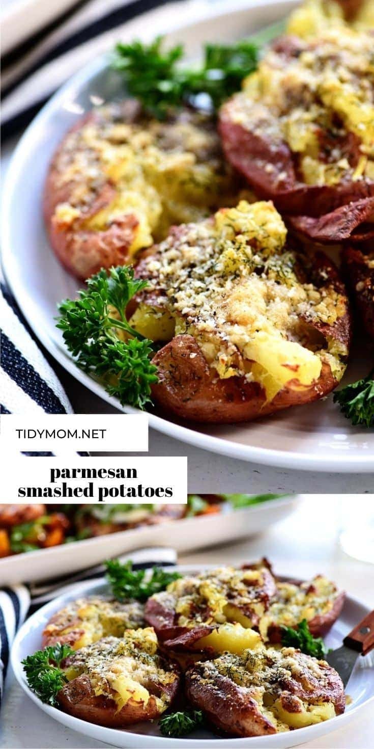 smashed potatoes on a dinner plate photo collage