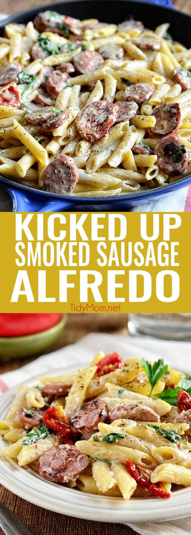 Savory smoked turkey sausage combined with sun-dried tomatoes, garlic, spinach, and Parmesan cheese make this a sensational 15-minute Smoked Sausage Alfredo recipe the whole family will love. Get the full printable recipe at cetcu.com