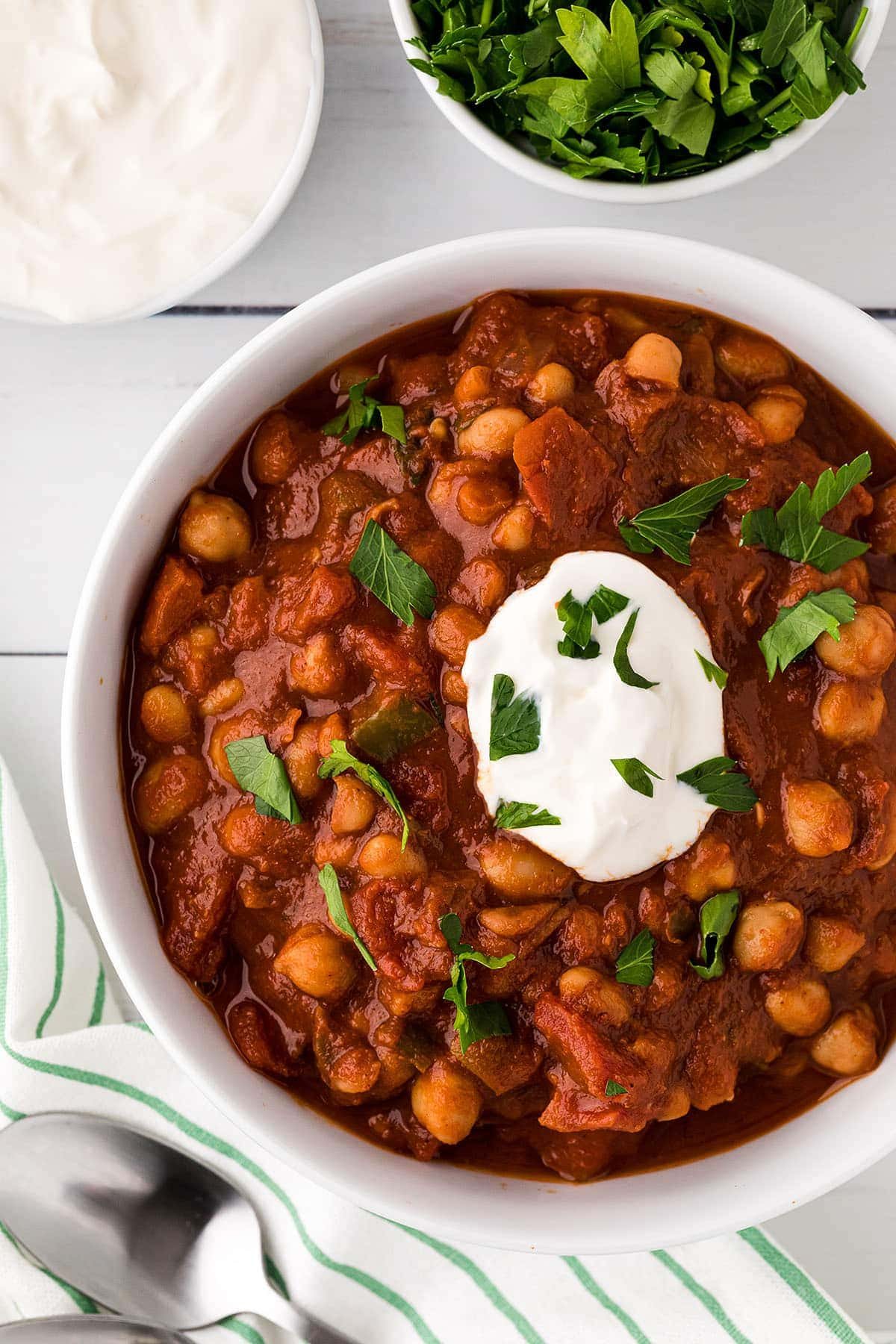 overhead shot of a bowl of chili