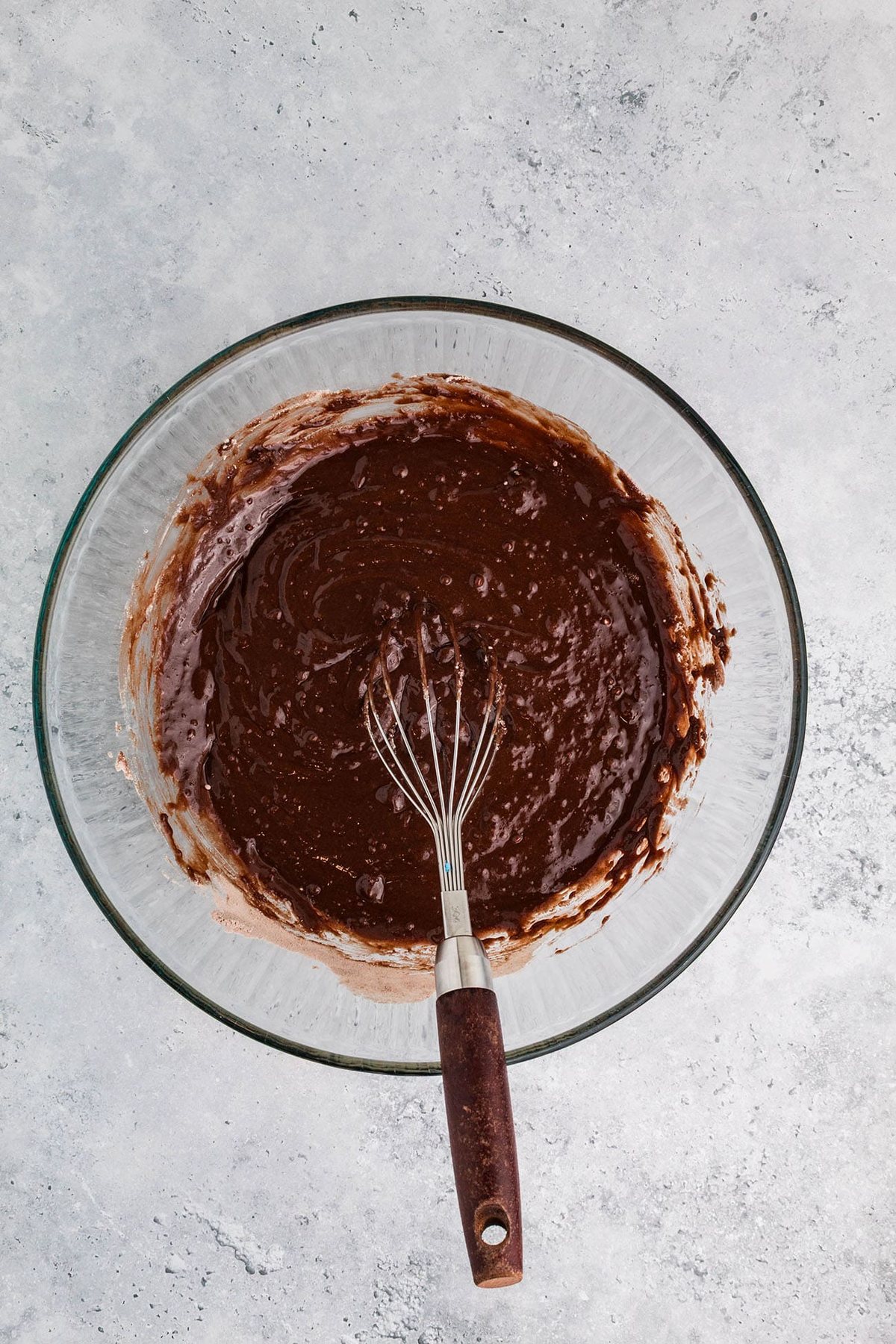 brownie batter in a glass bowl for brownies