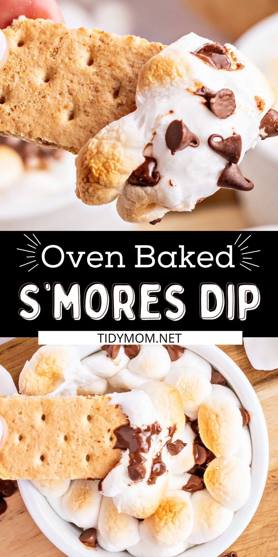 dipping a graham cracker in melted chocolate and toasted marshmallows in a bowl