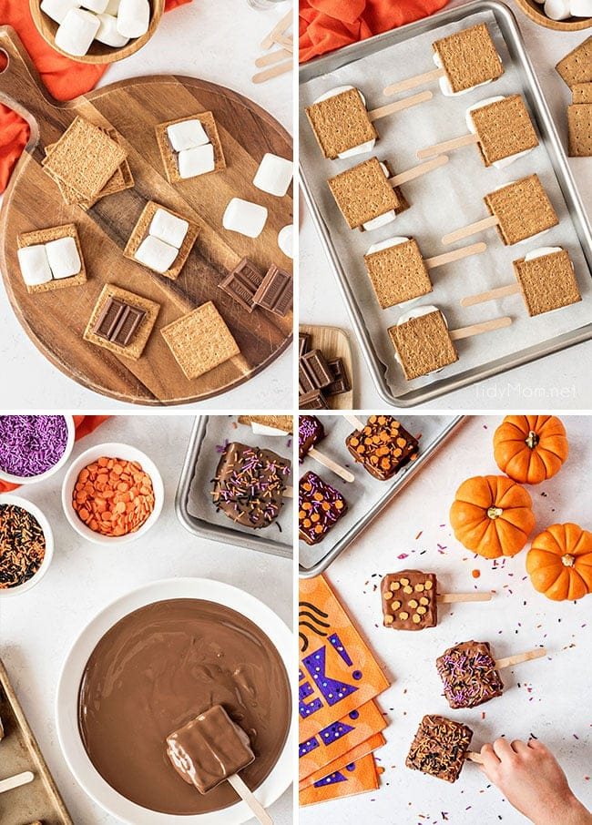 photo collage of how to make s'mores pops
