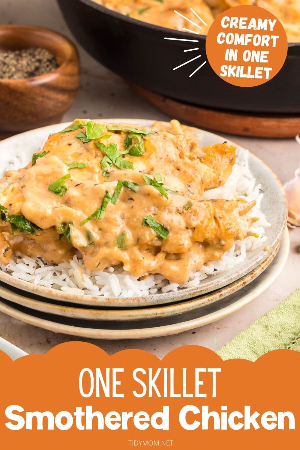 Plated creamy smothered chicken with Parmesan sauce and parsley, ready to serve.