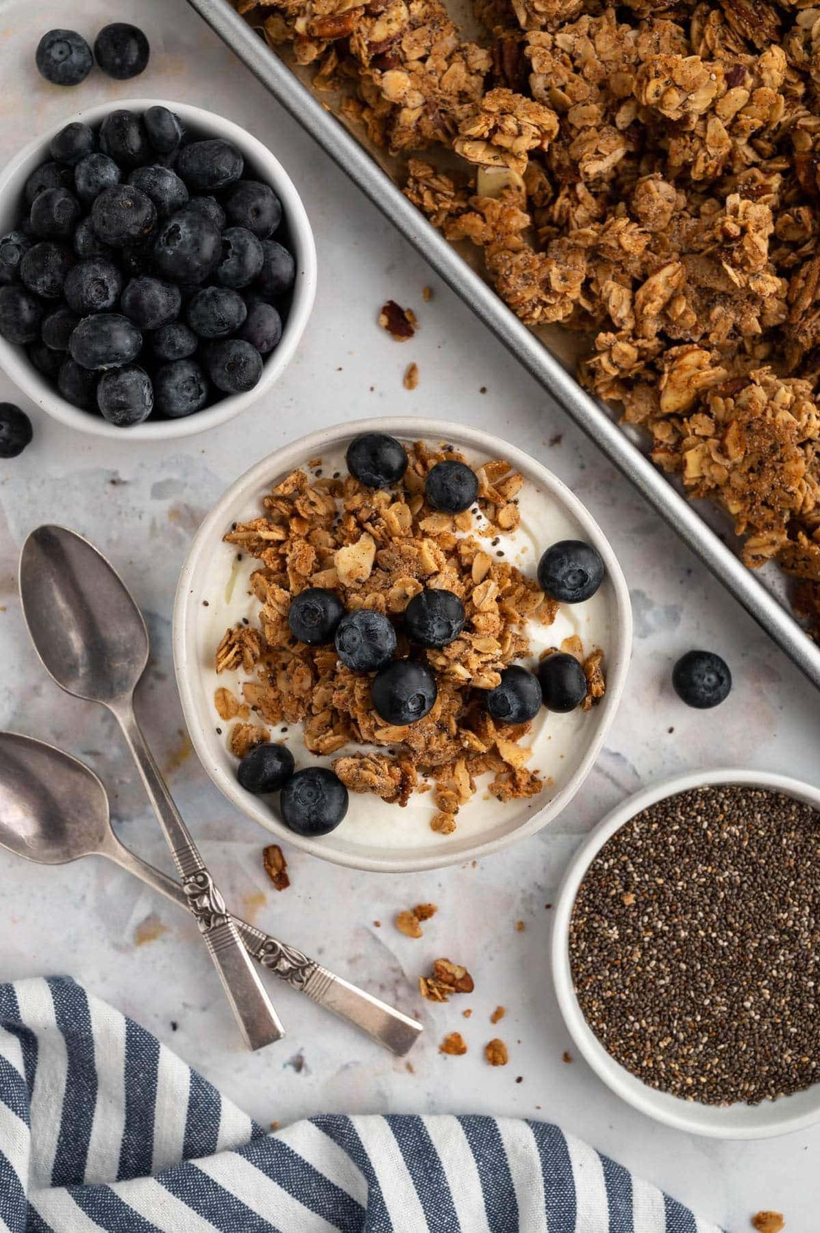 Snickerdoodle Homemade Granola recipe with blueberries and chia