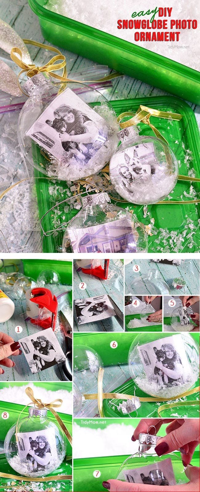 Homemade Snowglobe Photo Ornament is a fun easy project and will make a wonderful personalized gift, addition to any tree or tie one onto a gift for extra special gift wrapping. Full tutorial at cetcu.com