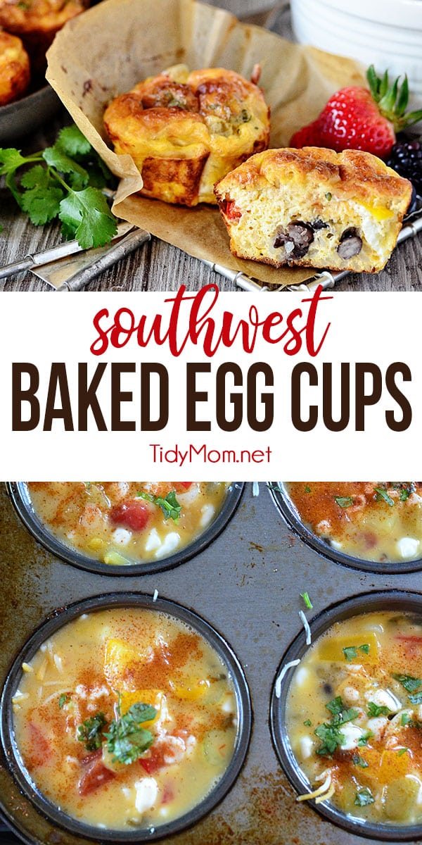 To ease the morning scramble, make these Southwest Baked Egg Cups the night before or over the weekend, wrap in a paper towel and store in an airtight container in the refrigerator. In the morning just grab and reheat for a minute in the microwave for a fast delicious protein-packed hot breakfast at home or on the go. Print the full recipe at cetcu.com #breakfast #eggs #tidymo