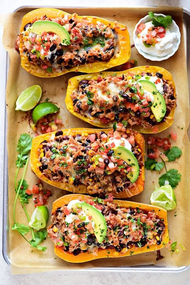 Delicious Southwest Black Bean Stuffed Butternut Squash with Bush’s Beans. Print recipe at cetcu.com