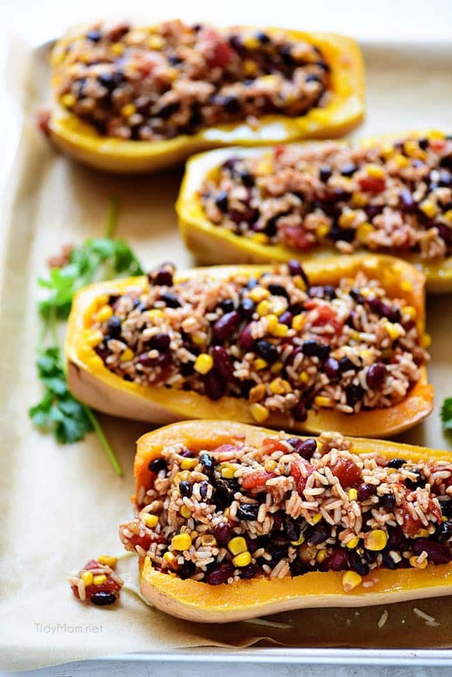 oven ready Southwest Black Bean Stuffed Butternut Squash with Bush’s Beans. Print recipe at cetcu.com