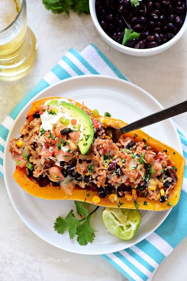 Plated Southwest Black Bean Stuffed Butternut Squash with Bush’s Beans and Cetcu