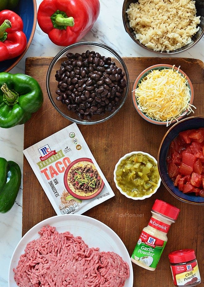 Fresh Bell peppers are filled with rice, browned ground beef seasoned with McCormick spices, black beans, tomatoes, green chilies and cheese for an easy weeknight dinner with a southwest twist. Southwest Stuffed Peppers recipe at cetcu.com