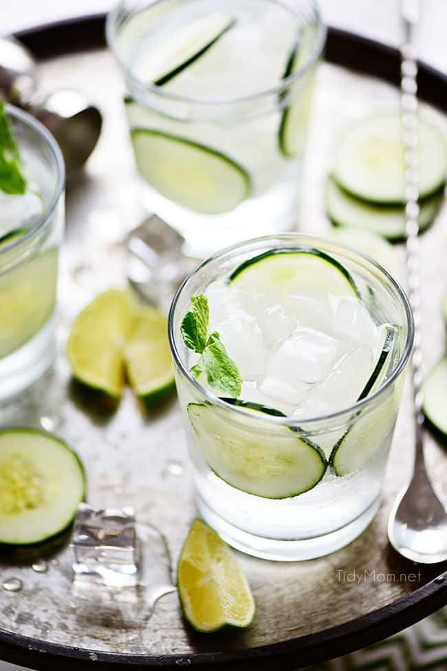 Cucumber Gimlet cocktails on a tray