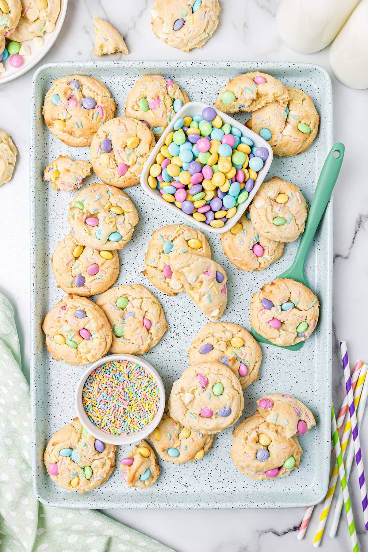 sheet pan with cookies and pastel M&Ms