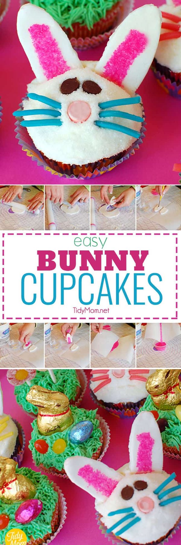 Easy Bunny Cupcakes perfect for Easter. Fondant and sprinkles make the cute ears, while candy make the face and whiskers. Learn how to make these bunny cupcakes at cetcu.com