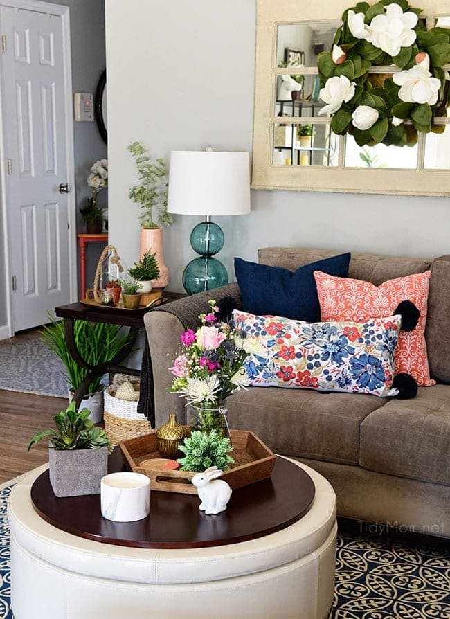 Transition to Spring Family Room Decor. Kick winter to the curb! Bring in the feel of freshness and spring to your home with lots of greenery, flowers and colorful pillows. See the full Spring Family Room Tour at cetcu.com