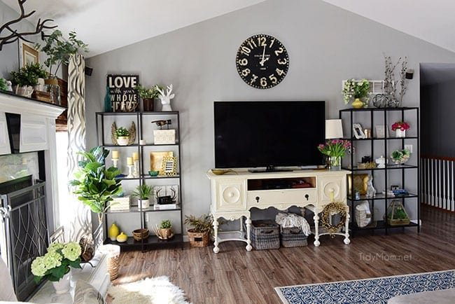 Transition to Spring Family Room Decor. Kick winter to the curb! Bring in the feel of freshness and spring to your home with lots of greenery, flowers and colorful pillows. See the full Spring Family Room Tour at cetcu.com