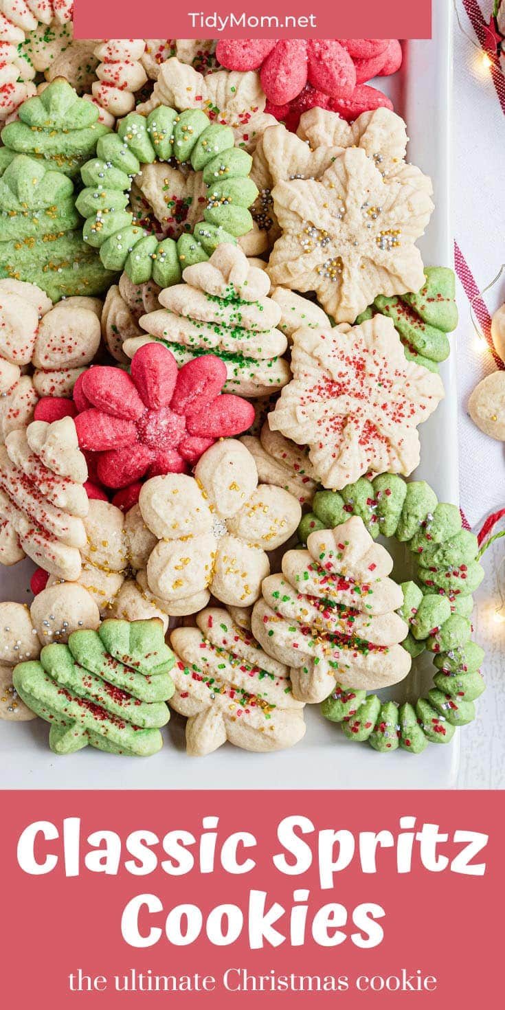 holiday spritz cookies on white platter