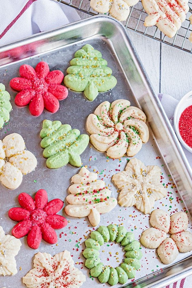 spritz cookies on baking sheet