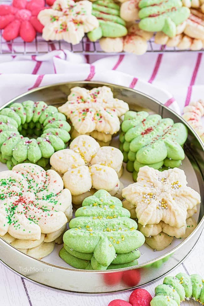 Christmas spritz cookies in a tin