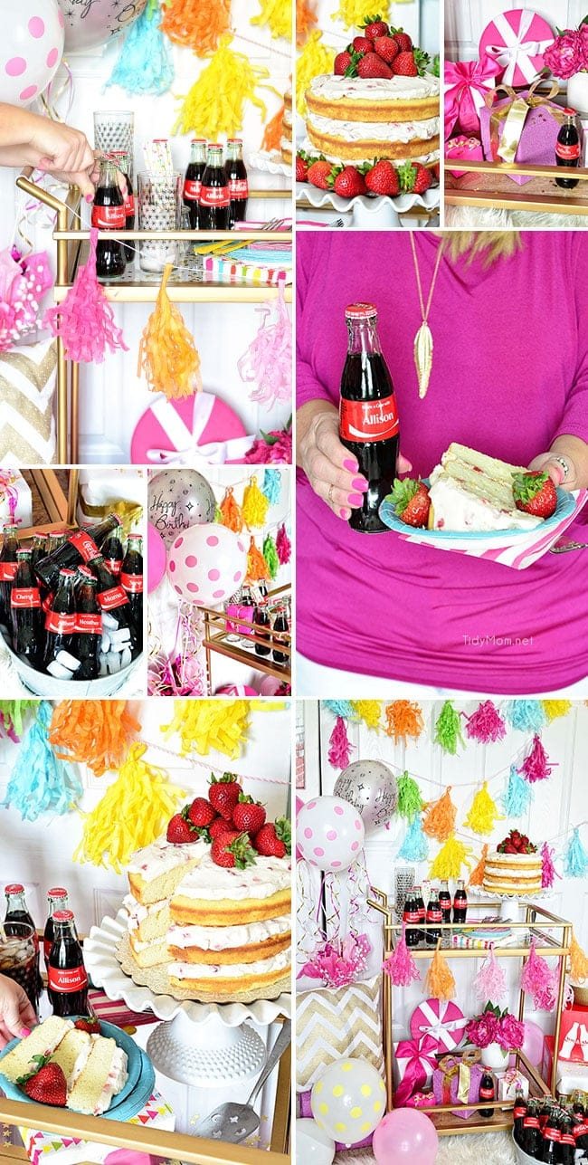 Fun Birthday Party Cart. Strawberries and Cream Naked Cake and personalized Coke bottles. recipe at cetcu.com #ShareaCoke