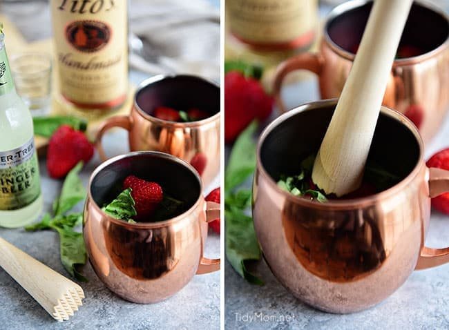 Strawberry Basil Moscow Mule is the perfect summer cocktail. Made like a traditional Moscow Mule with vodka, ginger beer and lime, with the addition of muddled strawberries and basil.