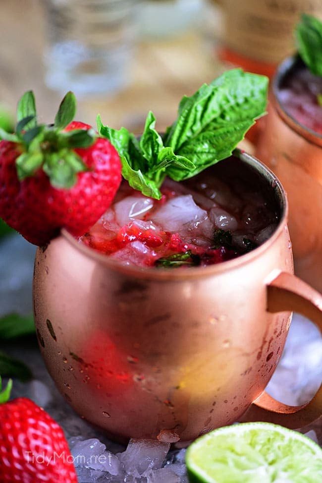Strawberry Basil Moscow Mule is the perfect summer cocktail. Made like a traditional Moscow Mule with vodka, ginger beer and lime, with the addition of muddled fresh juicy strawberries and basil. Print the recipe at cetcu.com