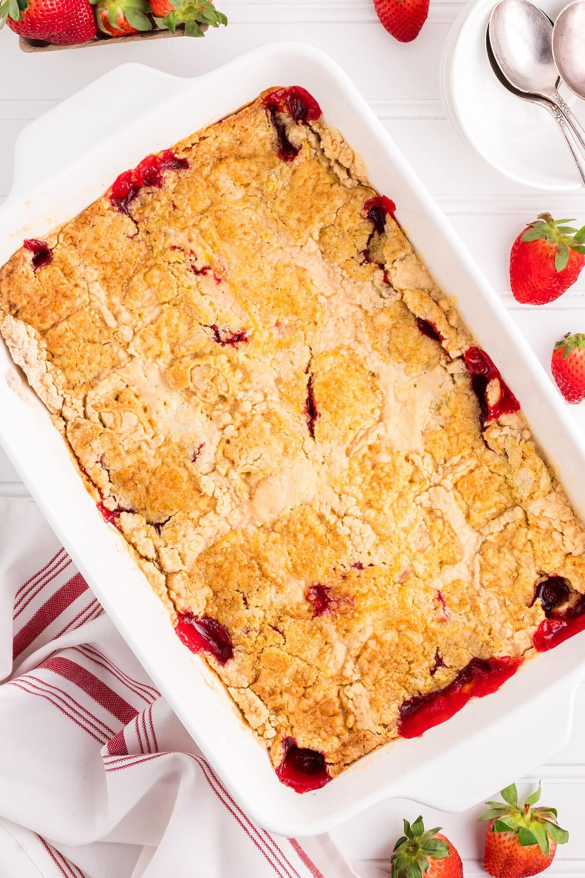 strawberry dump cake in a baking dish