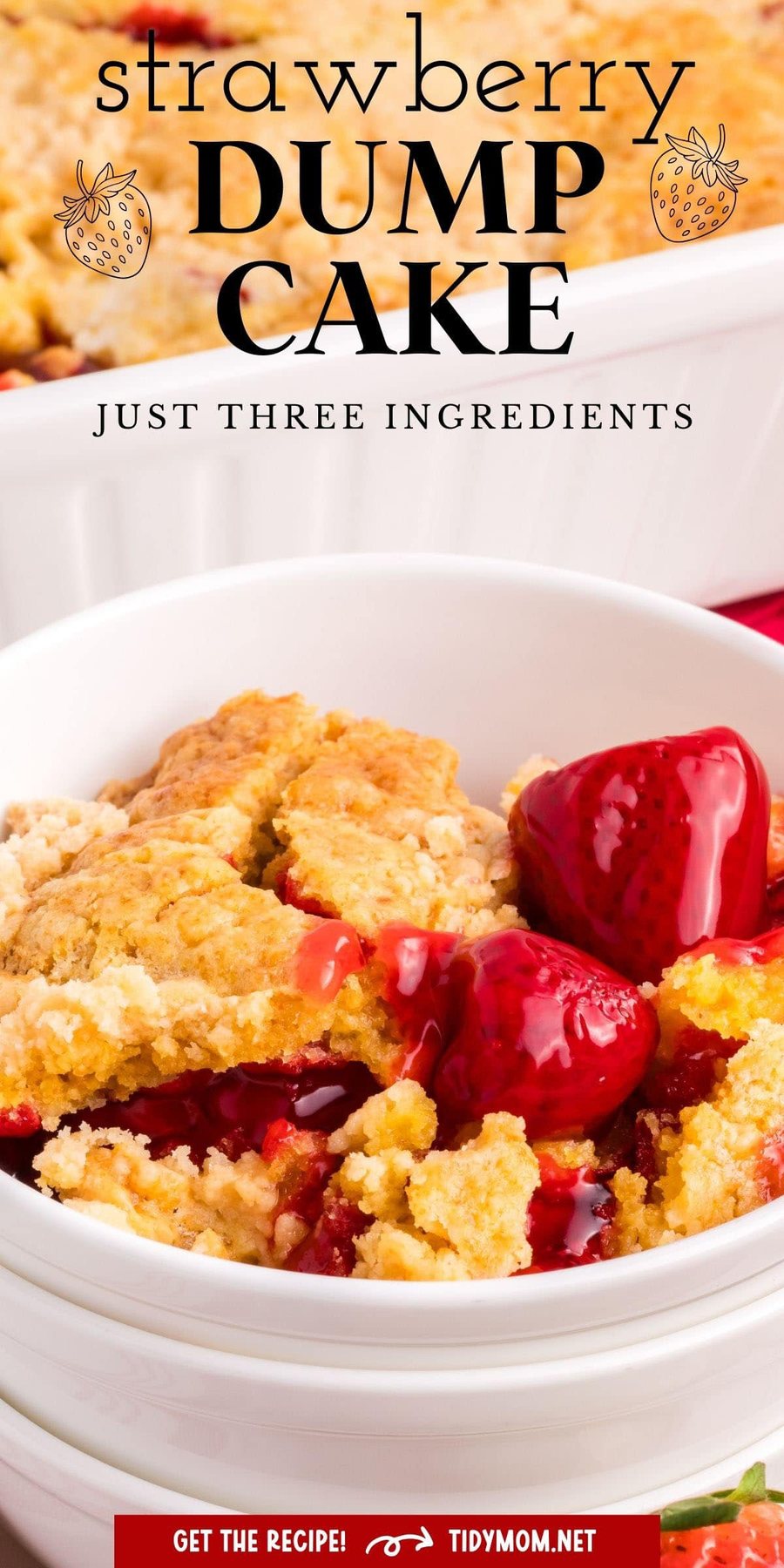 dump cake with strawberry pie filling in a white bowl