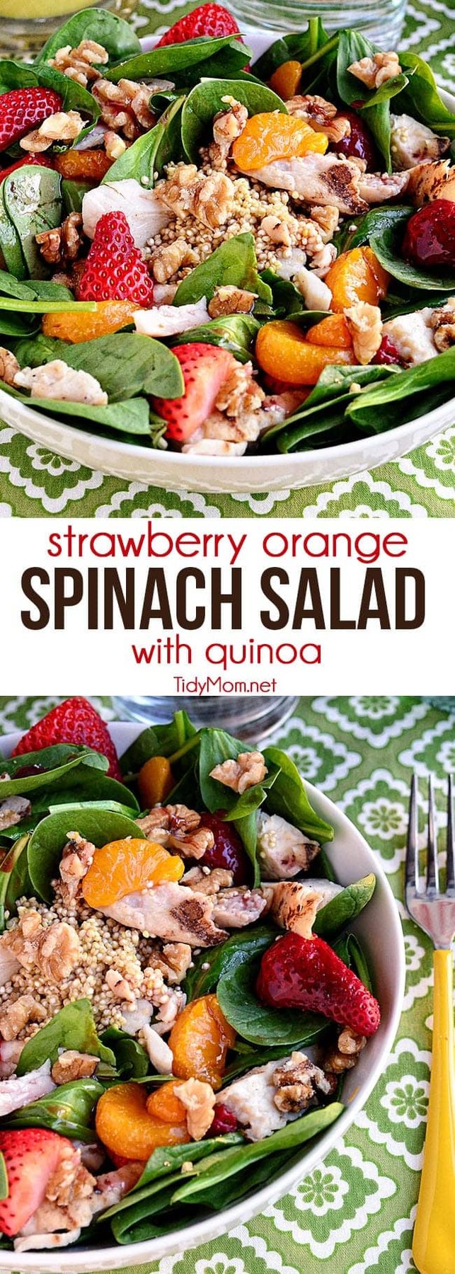 A hearty spring Strawberry Orange Spinach Salad with Quinoa is full of protein. Perfect for lunch or dinner on warm spring days. Print full recipe at cetcu.com