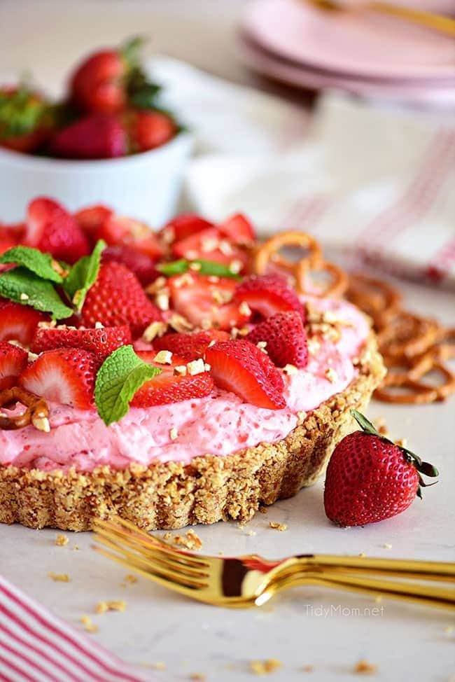 close up of a strawberry pretzel pie