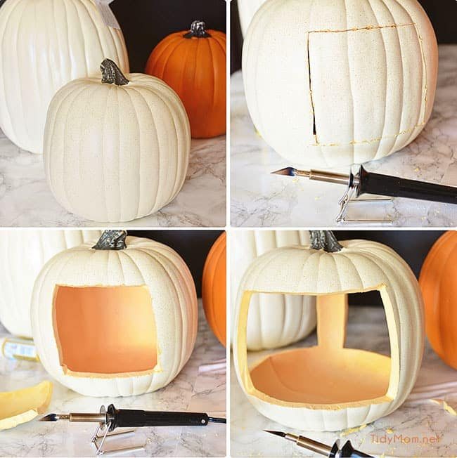 cut openings in faux pumpkin for planter at cetcu.com