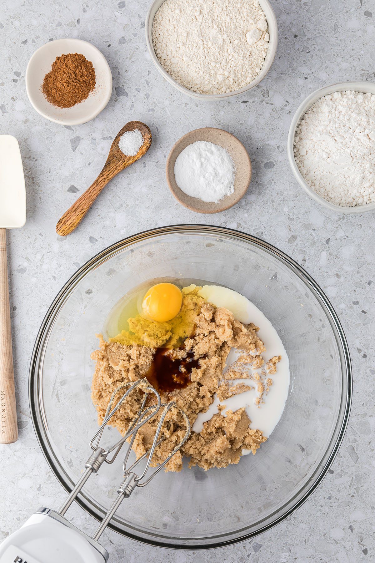mixing bowl with wet ingredients for cookies