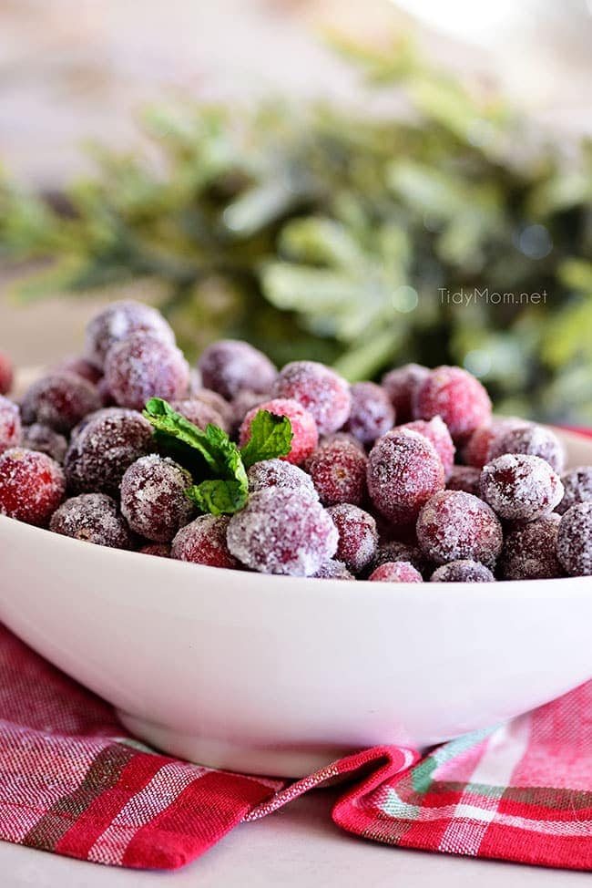sugared cranberries in a white oval bowl