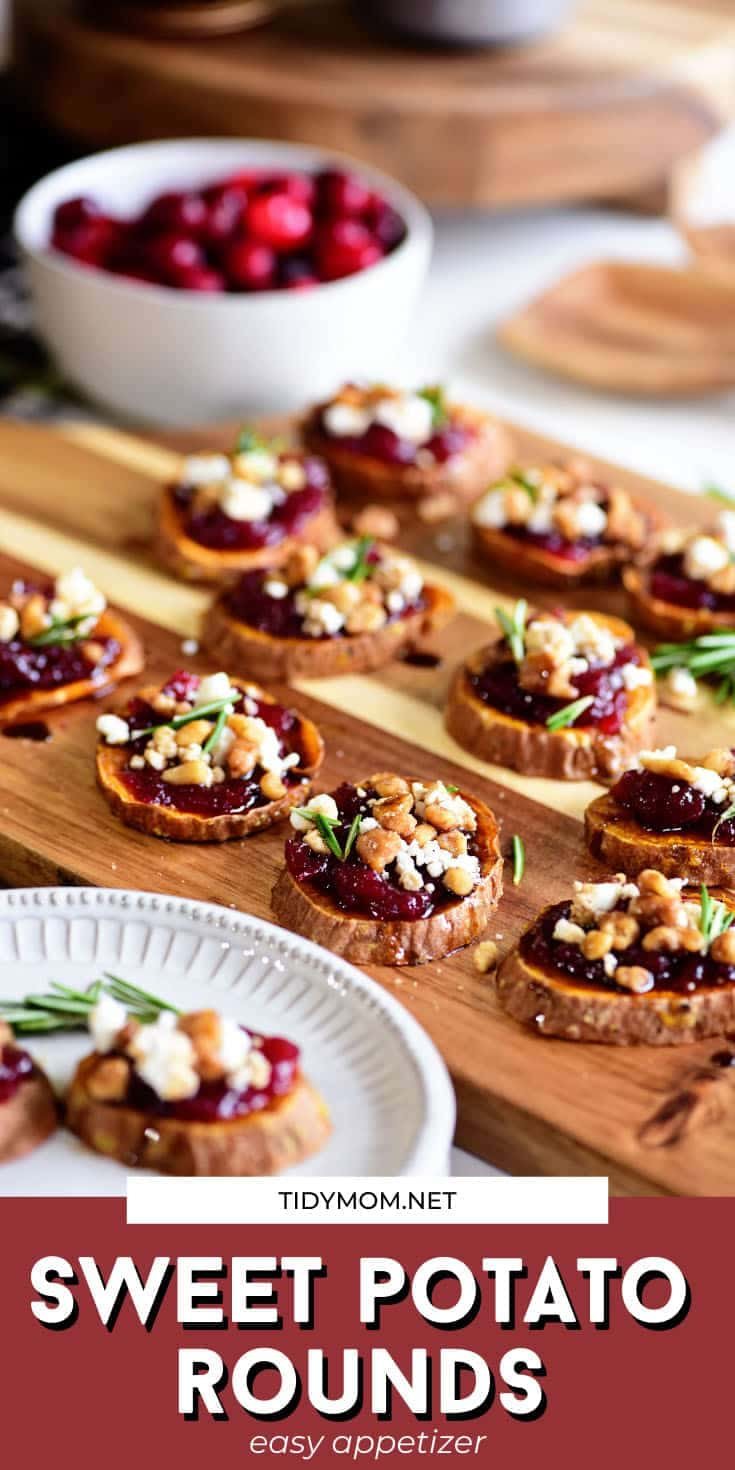 cranberry sweet potato appetizer on a wood tray