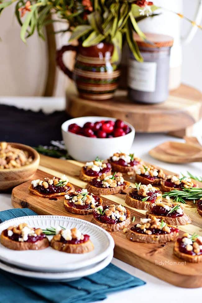 Cranberry Walnut Sweet Potato Rounds appetizer on table
