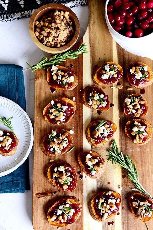 Cranberry Walnut Sweet Potato Rounds on wood board